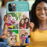 Funda Para iPhone 11 Pro Max Familia Verde azulada 4 Collage de fotos Personali<br><div class="desc">Cree su propio estuche para teléfono personalizado para iphone 11 pro max y muchos otros modelos. El diseño presenta un collage de fotos en forma de cuadrícula con 4 de tus fotos favoritas, tu nombre y la palabra "familia". La plantilla de fotos está preparada para que añadas tus fotos, trabajando...</div>