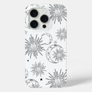 Funda Para iPhone 15 Pro Fantasía en negro y blanco Sol Luna y Estrellas