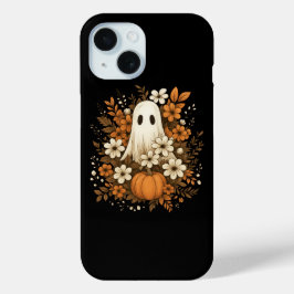 Funda Para iPhone 15 Fantasma Adorable Con Calabaza Y Flores De Otoño –