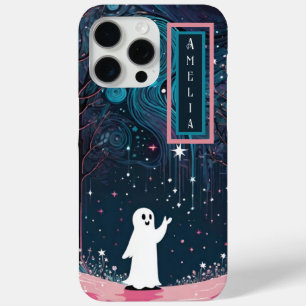Funda Para iPhone 15 Pro Max Fantasma cósmica alegre en un bosque iluminado por