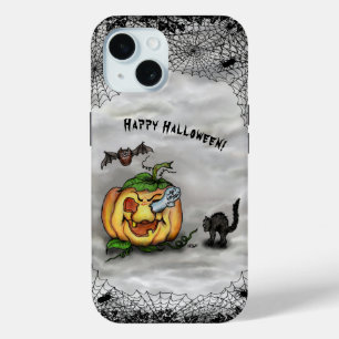 Funda Para iPhone 15 Fantasma, Gato, Bat y Calabaza, ¡Feliz Halloween!