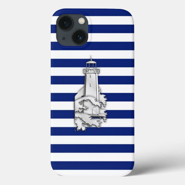 Funda De Case-Mate Para iPhone Faro estilo plata en franjas náuticas azules (Reverso)
