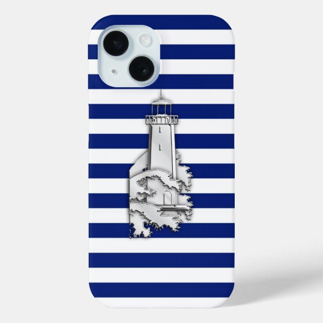 Funda De Case-Mate Para iPhone Faro estilo plata en franjas náuticas azules (Reverso )