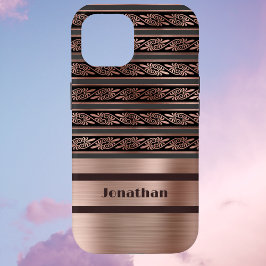 Funda Para iPhone 15 Faux Copper Rosa de oro con Olive Raisin Damask