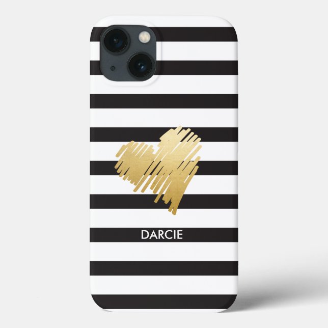 Funda De Case-Mate Para iPhone Faux Gold Heart Black White Striped Personalizado (Reverso)