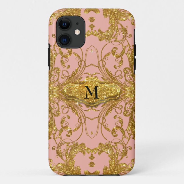 Funda De Case-Mate Para iPhone Faux Gold Purpurina Art Nouveau Scrorl Damask (Reverso)