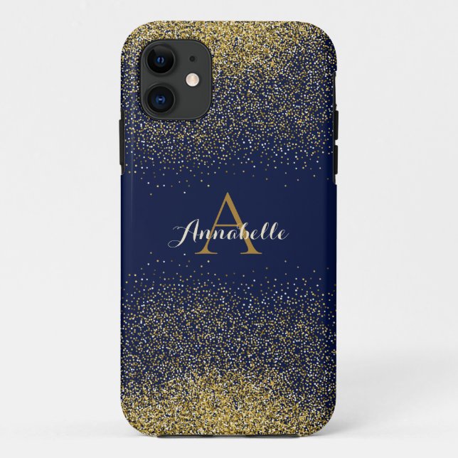 Funda De Case-Mate Para iPhone Faux Purpurina Gold Monograma Nombre (Reverso)