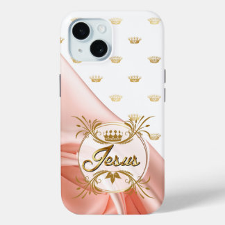 Funda Para iPhone 15 Fe Chic Rosa Satén Diseño Corona de Oro Jesús