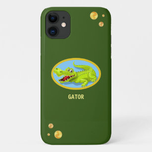 Funda Para iPhone 11 Feliz cocodrilo y confeti dorado en el bosque verd