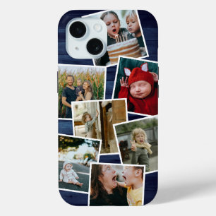 Funda Para iPhone 15 Feliz Collage de fotos familiar Blue Wood