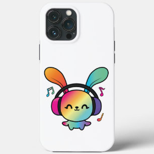 Funda Para iPhone 13 Pro Max Feliz Conejo con auriculares escuchando música.