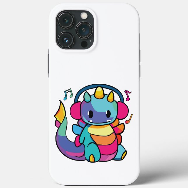 Funda De Case-Mate Para iPhone Feliz dragón con auriculares escuchando música. (Reverso )