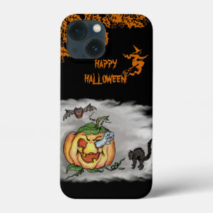 Funda Para iPhone 13 Mini Feliz Halloween con la calabaza de gatos fantasma