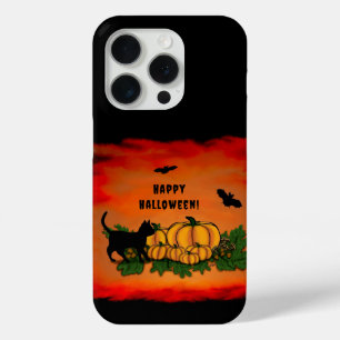 Funda Para iPhone 15 Pro Feliz Halloween, Gato Negro, Bat y Calabaza