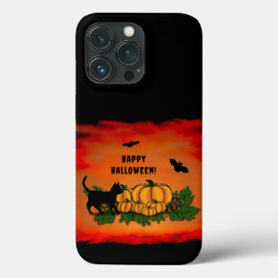 Funda Para iPhone 13 Pro Feliz Halloween, Gato Negro, Bat y Calabaza