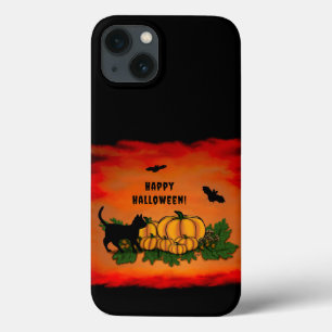 Funda Para iPhone 13 Feliz Halloween, Gato Negro, Bat y Calabaza