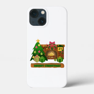 Funda Para iPhone 13 Mini Feliz Navidad cerca de la chimenea de fuego árbol 