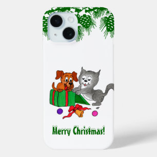 Funda Para iPhone 15 Feliz Navidad con gato y pipa