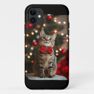 Funda Para iPhone 11 Feliz Navidad Cortar gato con luces de árbol de Na