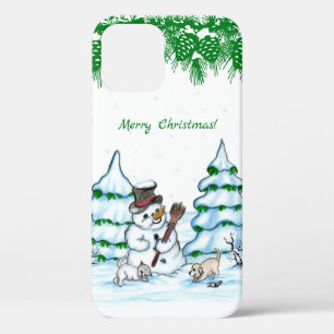Funda Para iPhone 12 ¡Feliz Navidad! Hombre de nieve con gato y cachorr