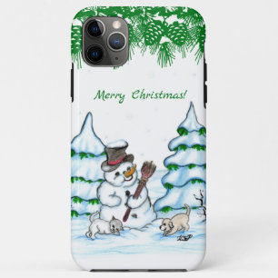 Funda Para iPhone 11 Pro Max ¡Feliz Navidad! Hombre de nieve con gato y cachorr