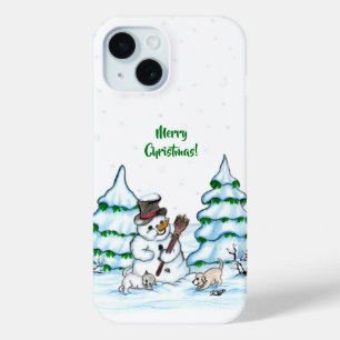 Funda Para iPhone 15 ¡Feliz Navidad! Hombre de nieve con gato y cachorr