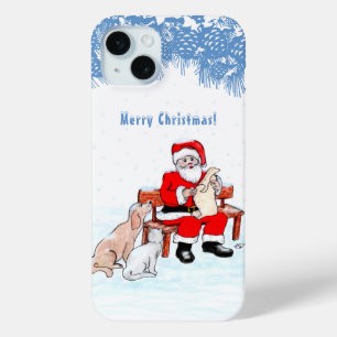 Funda Para iPhone 15 Mini Feliz Navidad - Papá Noel con gato y perro