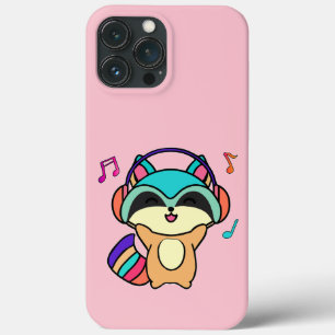 Funda Para iPhone 13 Pro Max Feliz sonriente bebé mapache con auriculares.