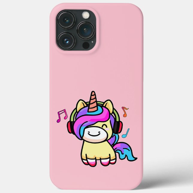 Funda De Case-Mate Para iPhone Feliz sonriente bebé unicornio con auriculares. (Reverso )