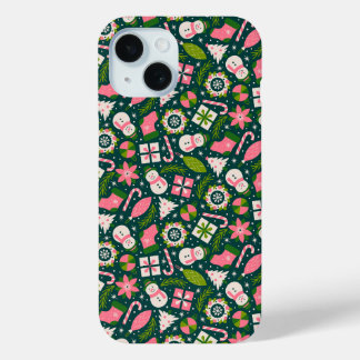 Funda Para iPhone 15 Festive Christmas Winter Holiday Pattern In Green 