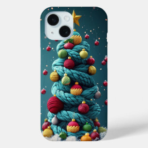 Funda Para iPhone 15 Festividad Yarn Árbol de Navidad Verde Rojo
