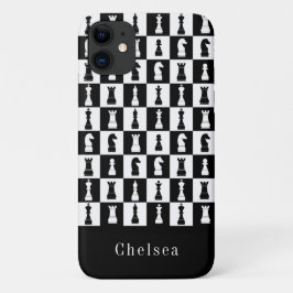 Funda Para iPhone 11 Figuras de Ajedrez Patrón Negro y Blanco Nombre