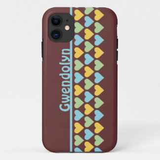 Funda Para iPhone 11 Filas de los corazones patrón azul verde nombre pe