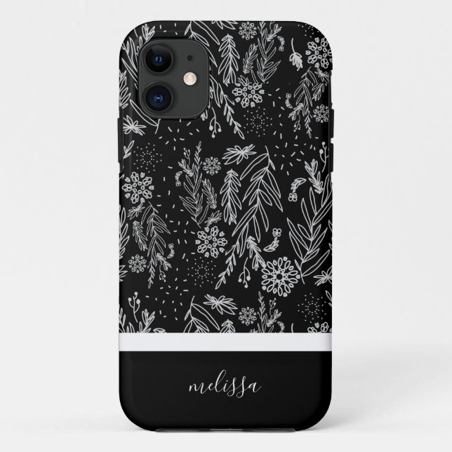 Funda De Case-Mate Para iPhone Firma del patrón de doodle botánico blanco negro (Reverso)