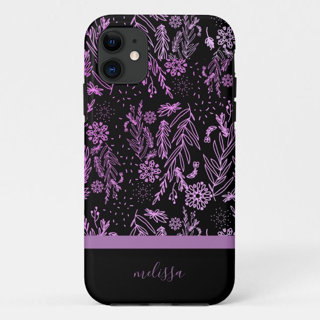 Funda De Case-Mate Para iPhone Firma del patrón de doodle botánico púrpura rosa (Reverso)