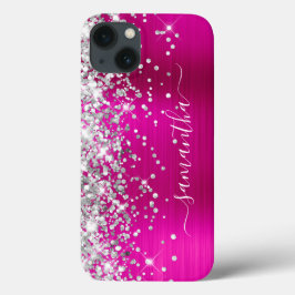 Funda Para iPhone 13 Firme Femenino de Purpurina Plateada Rosa Caliente