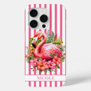 Funda Para iPhone 15 Pro Flamenco con Flores Tropicales sobre Rayas