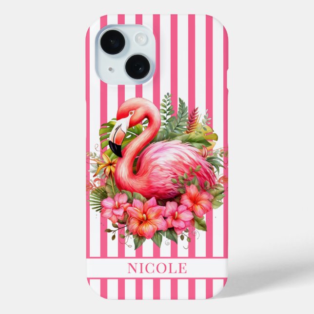 Funda De Case-Mate Para iPhone Flamenco con Flores Tropicales sobre Rayas (Reverso )