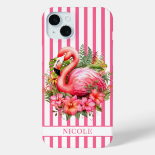 Funda Para iPhone 15 Mini Flamenco con Flores Tropicales sobre Rayas