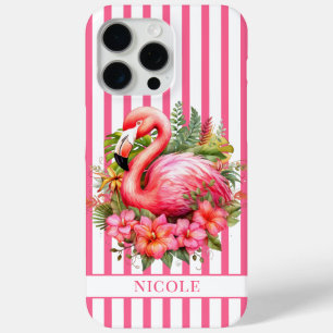 Funda Para iPhone 15 Pro Max Flamenco con Flores Tropicales sobre Rayas