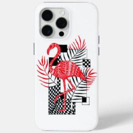 Funda Para iPhone 15 Pro Max Flamenco Rojo y Patrón de Hojas de Palma Tropical