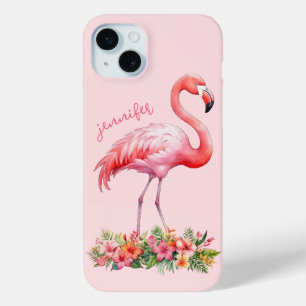 Funda Para iPhone 15 Mini Flamenco Rosa con Flores Tropicales