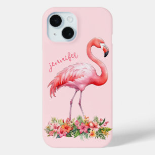 Funda Para iPhone 15 Flamenco Rosa con Flores Tropicales