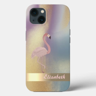Funda Para iPhone 13 Flamenco Rosa Moderno Dorado Colorido