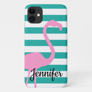 Funda Para iPhone 11 Flamenco Rosa Personalizado con Franja Blanca Turq