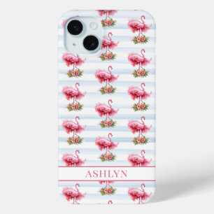 Funda Para iPhone 15 Mini Flamencos con Flores en Rayas de Acuarela
