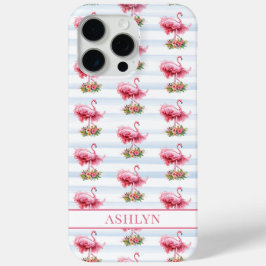 Funda Para iPhone 15 Pro Max Flamencos con Flores en Rayas de Acuarela