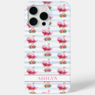 Funda Para iPhone 15 Pro Max Flamencos con Flores en Rayas de Acuarela