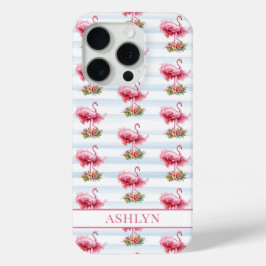 Funda Para iPhone 15 Pro Flamencos con Flores en Rayas de Acuarela