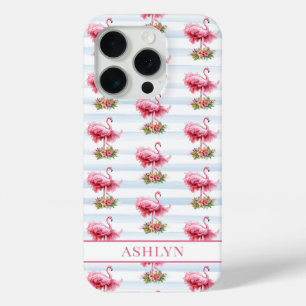 Funda Para iPhone 15 Pro Flamencos con Flores en Rayas de Acuarela